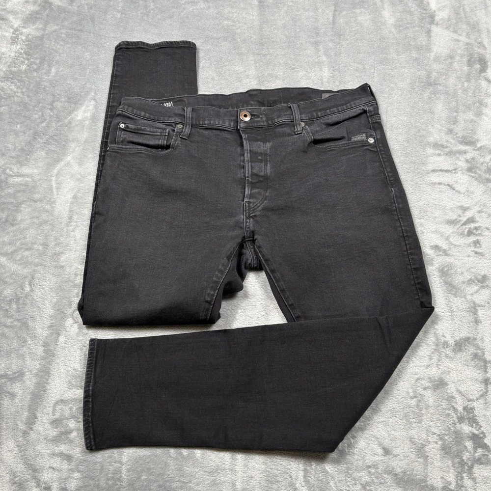 G Star Jeans Mens 38 Black Denim 3301 Slim Tapered Stretch Zip Fly Size 38x30